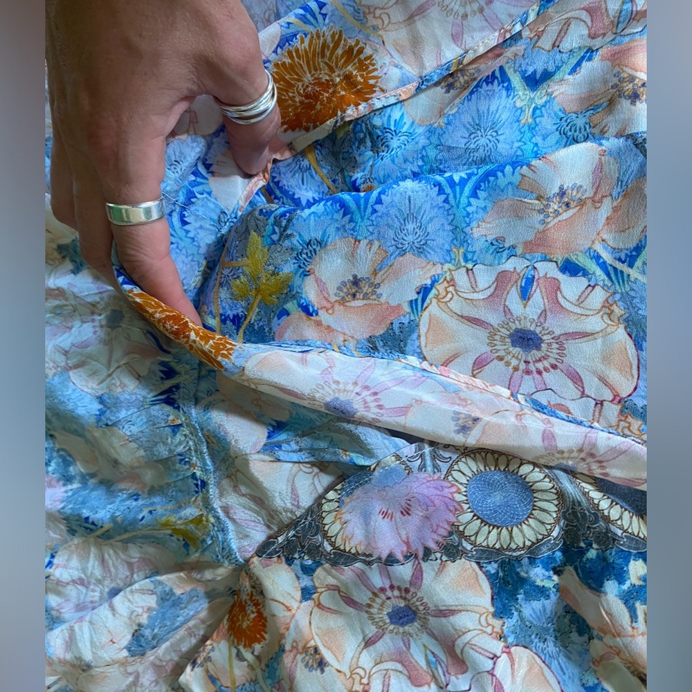 Camilla Floral Tiered Ruffle Mini Skirt in Blue and Cream silk embroidered - Picture 6 of 7